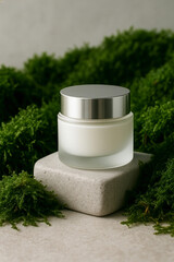 Minimal luxury skincare jar on a stone pedestal surrounded by green moss, highlighting purity, natural ingredients and modern eco-beauty aesthetics - sustainable skincare and clean wellness branding