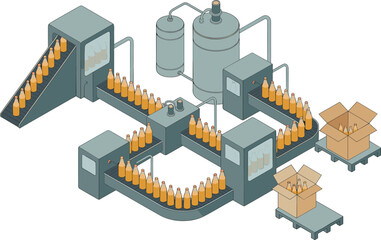 Isometric beverage factory production line with bottling machines, conveyor belts, storage tanks and packaging system in detailed industrial manufacturing illustration