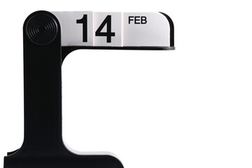 Black and white calendar with date of February 14 on white background.