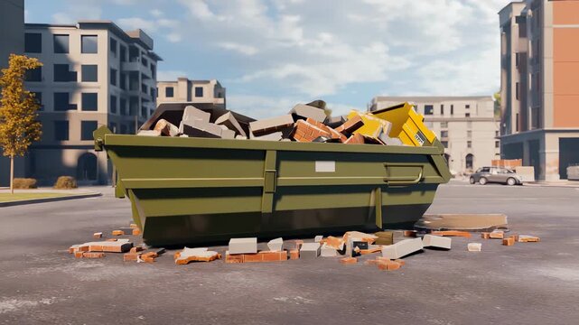 Overfilled Construction Dumpster with Bricks and Debris on City Street, Illustrative Style, Urban Development and Waste Management Concept.
