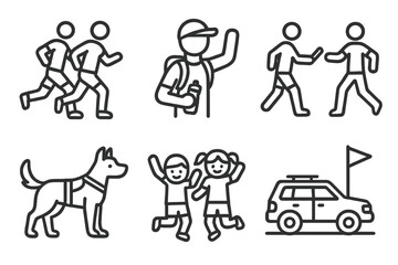 Naklejka premium Series of black and white illustrations of people and vehicles