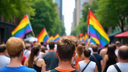 Video Group of individuals holding rainbow flags and marching together on a city street, promoting unity and diversity