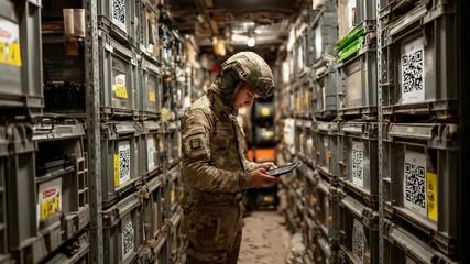 Soldier Using Tablet in Military Storage Facility, Inventory Management, Logistics, Camouflage Uniform, QR Codes, Supply Chain, Modern Warfare, Technology Integration - Powered by Adobe
