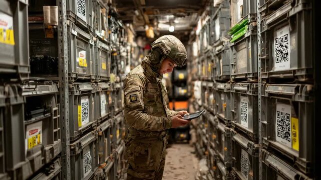 Soldier Using Tablet in Military Storage Facility, Inventory Management, Logistics, Camouflage Uniform, QR Codes, Supply Chain, Modern Warfare, Technology Integration