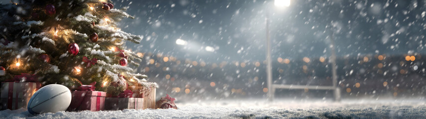 Christmas tree closeup with gifts on snowy rugby court with rugby ball lying in the snow. Concept of resting rugby sport during Christmas time.