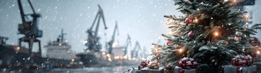 Christmas tree with gifts on snowy shipyard dock, cranes and ships in background, snowfall and sun.