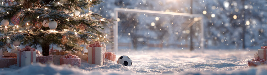 Christmas tree closeup with gifts on snowy soccer field, goal in background, snowfall and sun. Concept of resting soccer field during Christmas time.