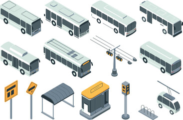 Obraz premium Isometric public transportation vehicles and city elements collection showing buses, trolleybuses, bus stop, traffic light, signage, cable car, modern urban transit design