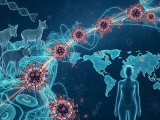 Zoonotic virus transmission from animal to human, showing global pandemic spread. Infectious disease concept for public health awareness and scientific research.