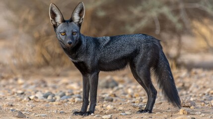 Naklejka premium Black Jackal at Twilight in the Desert, Representing Transition Spirit in Egyptian Spirituality