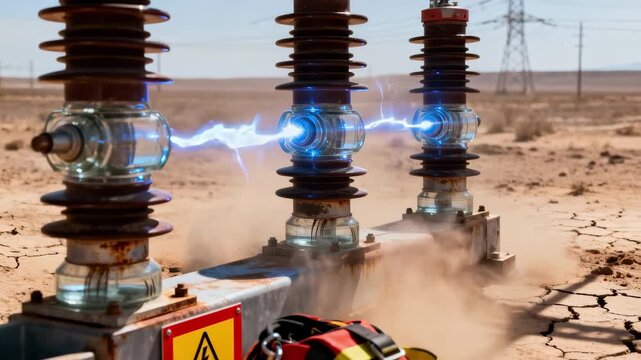 Medium shot capturing flashover testing on dry insulators highlighting the impact of arid conditions on insulation integrity.