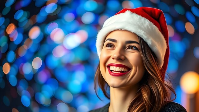 a woman smiling wearing a santa hat in a festive color background