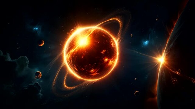 a giant planet that looks like a star or sun shining with a dazzling orange-red intensity