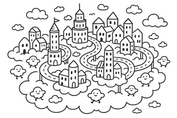 City with clouds in the sky and a road in the middle