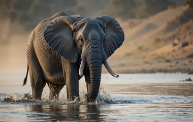 Fototapeta premium Powerful African Elephant Splashing While Wading Through Water at Sunset in the Wilderness