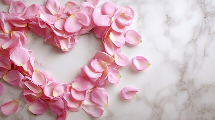 Delicate pink rose petals artfully arranged into a heart shape on a marble surface