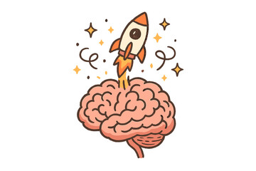 Cartoon drawing of a rocket launching off the top of a brain