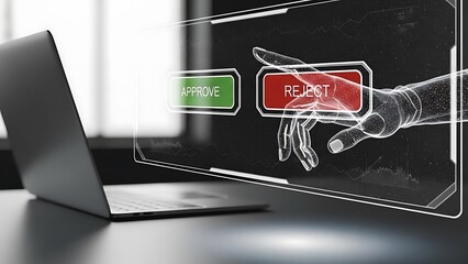 Futuristic decision-making: AI hand interacts with holographic 'REJECT' button beside laptop, automation concept