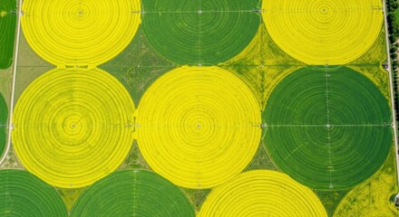 Vibrant aerial view of circular green and yellow farm fields, showcasing agricultural patterns from above.