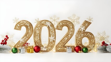 Glittery 2026 New Year Display with Golden Numbers, Snowflakes, and Festive Holiday Decorations