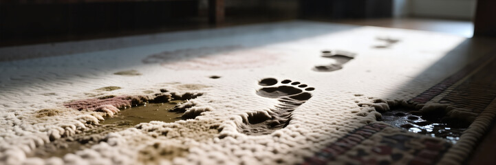Stained rug with footprints in sunlight indoors  