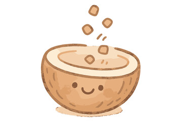 Cartoon drawing of a smiling coconut with a bowl of food in it