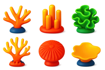 Set of six different colored plastic sea creatures, including a coral