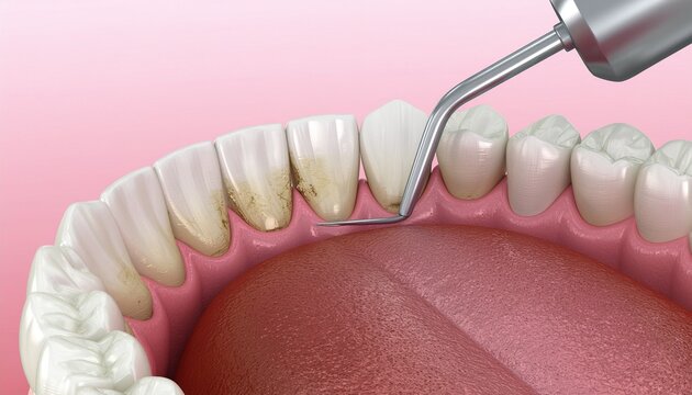 Dental procedure illustration showing professional tooth cleaning with ultrasonic scaler removing plaque and tartar, highlighting oral hygiene, preventive care, and dentistry treatment.