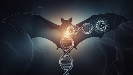 Bat silhouette with DNA helix and virus particles floating around. Concept of zoonotic disease origin, viral transmission, and medical research.