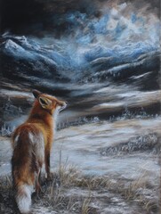 Naklejka premium Fox Overlooks Snowy Hills to Represent Transformation Spirit in Shinto Myth During Winter