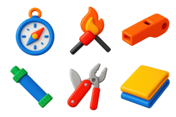 Set of six cartoonish icons of tools and equipment, including a compass