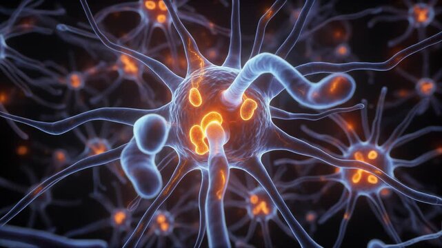 Animated 3D render of glowing neurons and neural network