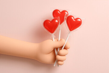 Soft 3D hand holding three heart shaped lollipops on a pastel pink background, creating a cute and playful visual for love, gifting and Valentine's Day
