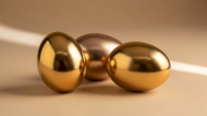 Three Brilliant Gold and Rose Gold Eggs on a Neutral Background Reflecting Light