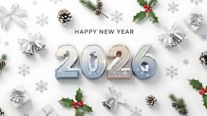 Elegant 2026 Happy New Year Greeting with Silver and Gold Decorations on White Background