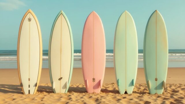 Video A row of surfboards lying on the sand, waiting for their next ride