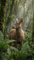 A serene deer stands amidst lush greenery in a misty forest, embodying the beauty and tranquility of nature.