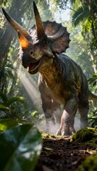 Fototapeta premium A vivid depiction of a Triceratops in a lush, prehistoric jungle, showcasing its impressive horns and textured skin.