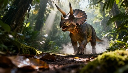 Obraz premium A realistic depiction of a Triceratops in a lush, prehistoric jungle, illuminated by beams of sunlight filtering through dense foliage.