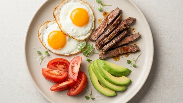 A delicious plate featuring fried eggs, sliced steak, avocado, and tomatoes, garnished with microgreens, perfect for a hearty breakfast.