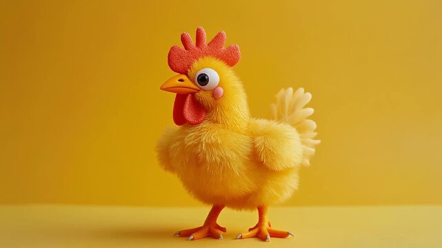 Charming and cute cartoon chicken with big eyes and red comb, standing against a yellow backdrop, perfect for children's content