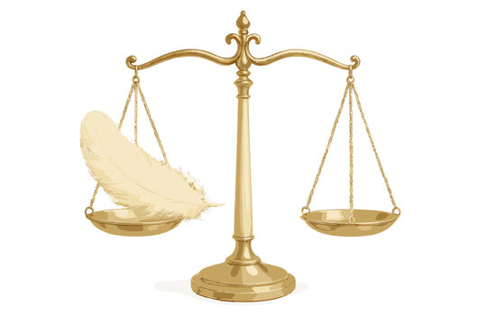 Gold scale with a feather on one side and a coin on the other