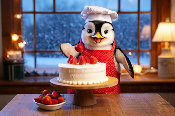 Christmas Plush penguin chef wearing red polka dot apron presents white cake with strawberries on wooden table