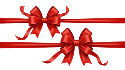 Two elegant red satin bows and ribbons for decoration isolated on transparent background
