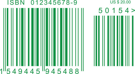 ISBN barcode for books green color- Code 39, Code 128, UPC-A, UPC-E. EAN-13, EAN-8. Interleaved 2 of 5, ISBN.