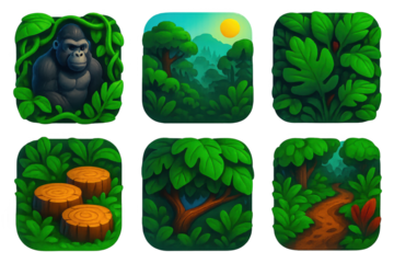 Series of images of a jungle with a gorilla in the middle