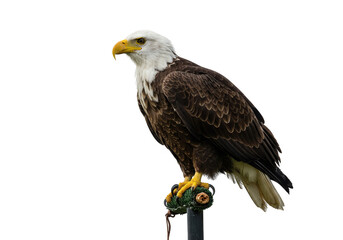 Obraz premium A angry majestic white and brown bald eagle perched on a stand in a side profile view on transparent background