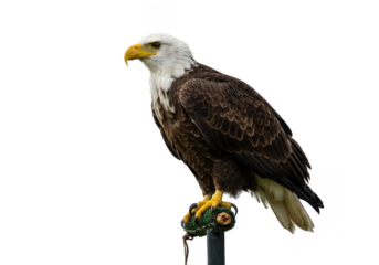 A angry majestic white and brown bald eagle perched on a stand in a side profile view on transparent background