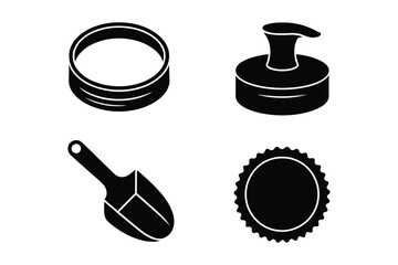 Set of four black and white icons representing beauty and gardening items