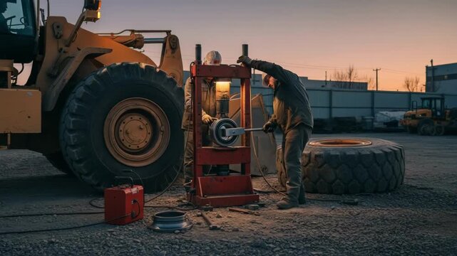 Technicians using hydraulic tools to carefully replace worn bearings on a large loaders wheel hub in an industrial outdoor setting.